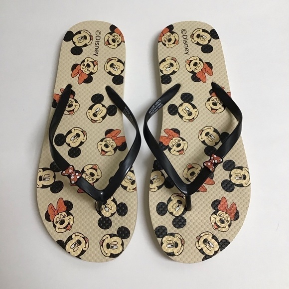 Disney Flip Flops Women’s SZ 10 1/2 Mickey and Minnie Mouse Sandals Red Bows Tan - Picture 1 of 9